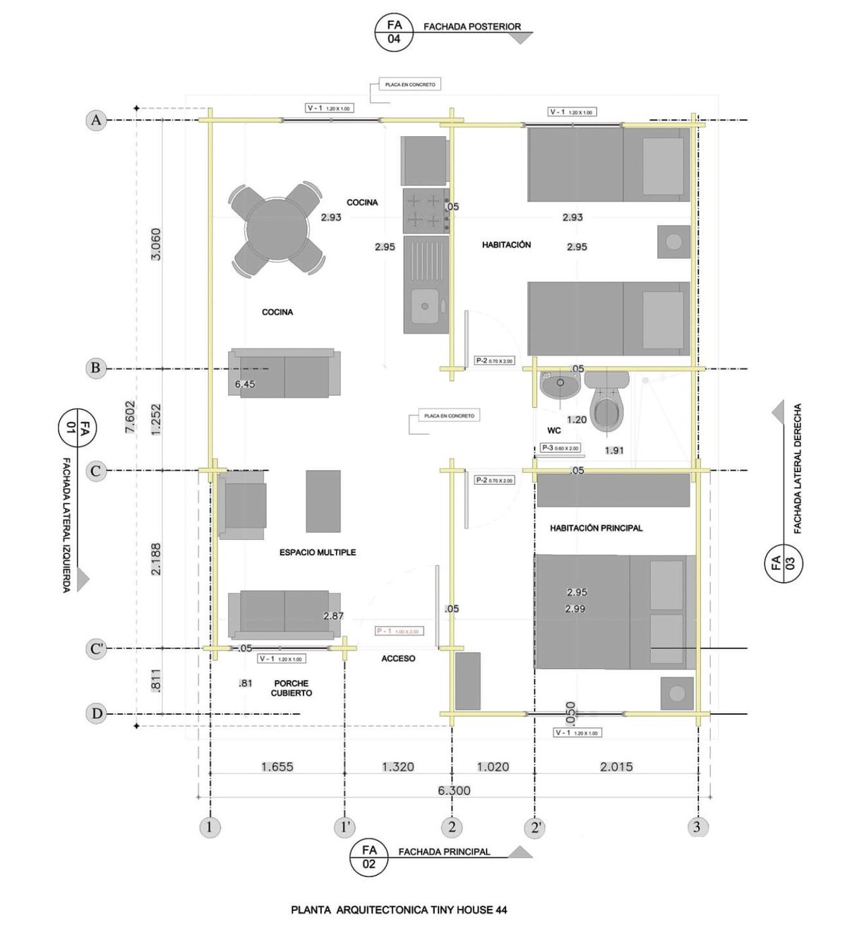 Planta arquitectónica de la casa: 6,30 por 7,60 metros, con porche cubierto y acceso al frente, espacio múltiple y cocina a la izquierda, y baño y dos habitaciones a la derecha.